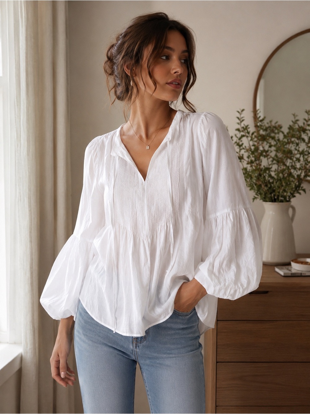 Carolina Herrera Cotton Women's White V-Neck Pintuck Peasant Blouse